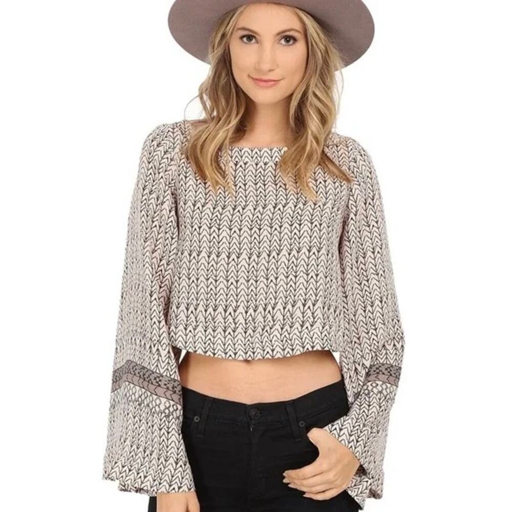 Free People Stars Aligned Bell Sleeve Boxy Crop Top Womens Blouse Large Neutral